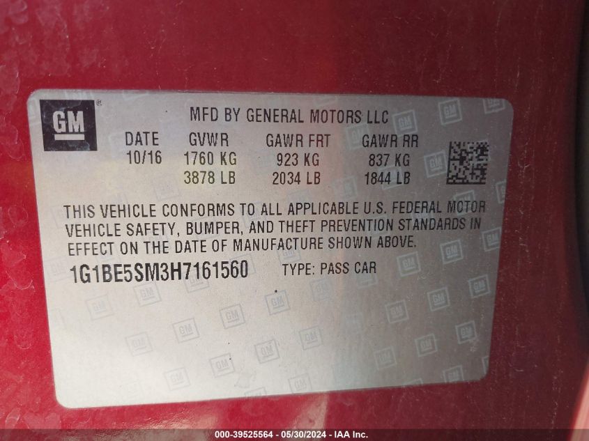 2017 Chevrolet Cruze Lt Auto VIN: 1G1BE5SM3H7161560 Lot: 39525564