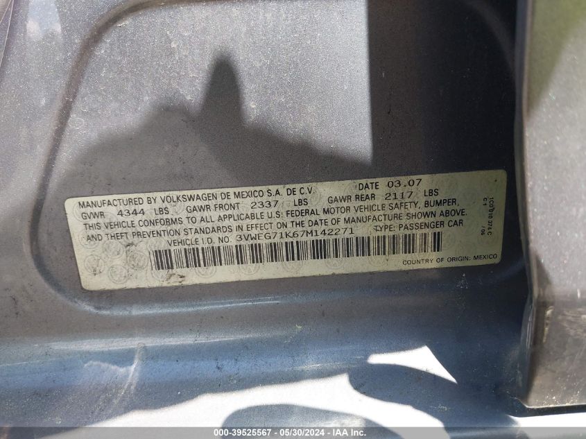 2007 Volkswagen Jetta Wolfsburg Edition VIN: 3VWEG71K67M142271 Lot: 39525567