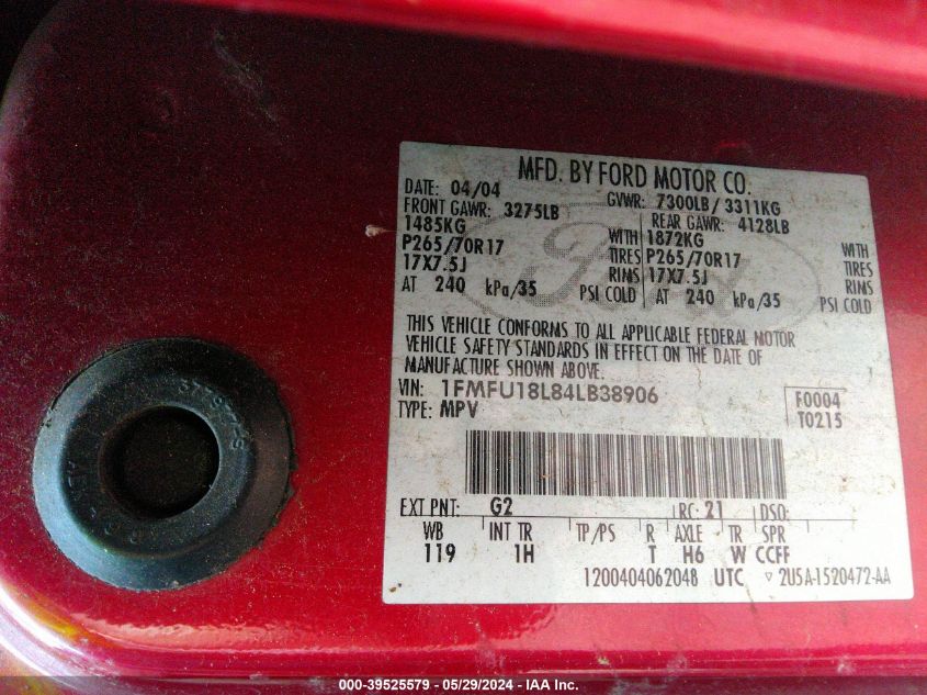 2004 Ford Expedition Eddie Bauer VIN: 1FMFU18L84LB38906 Lot: 39525579