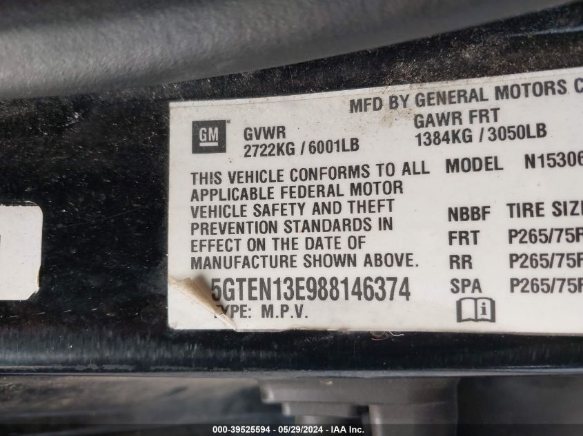 2008 Hummer H3 Suv VIN: 5GTEN13E988146374 Lot: 39525594