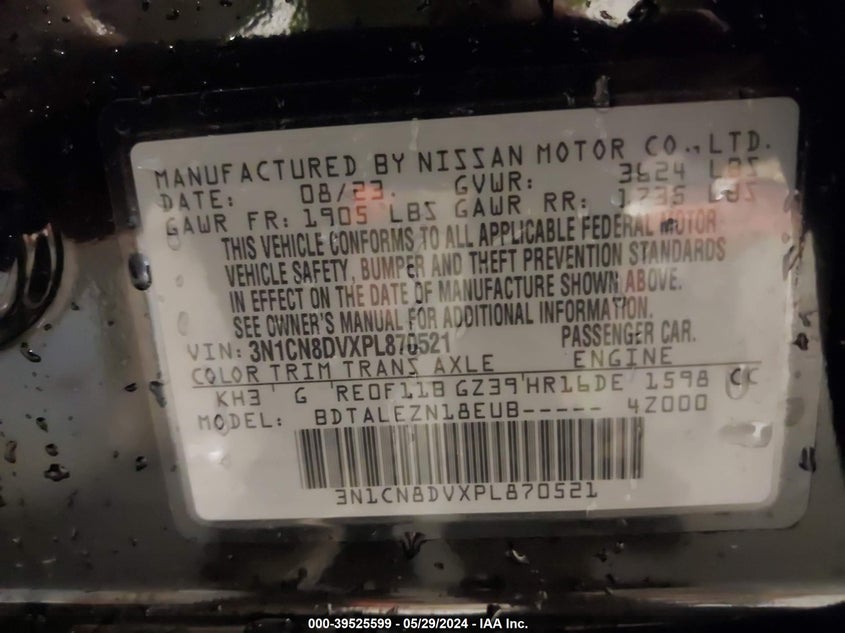 2023 Nissan Versa 1.6 S Xtronic Cvt VIN: 3N1CN8DVXPL870521 Lot: 39525599