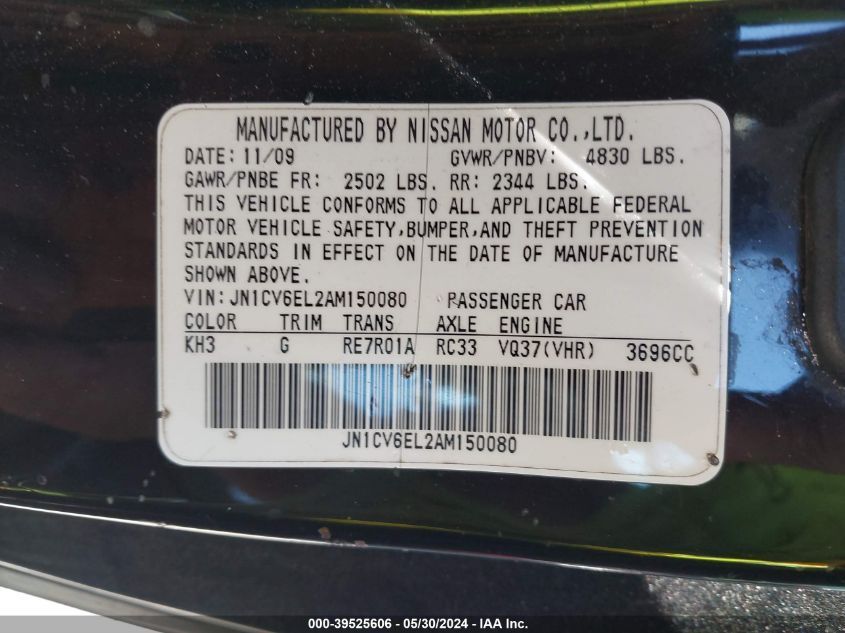 2010 Infiniti G37X VIN: JN1CV6EL2AM150080 Lot: 39525606