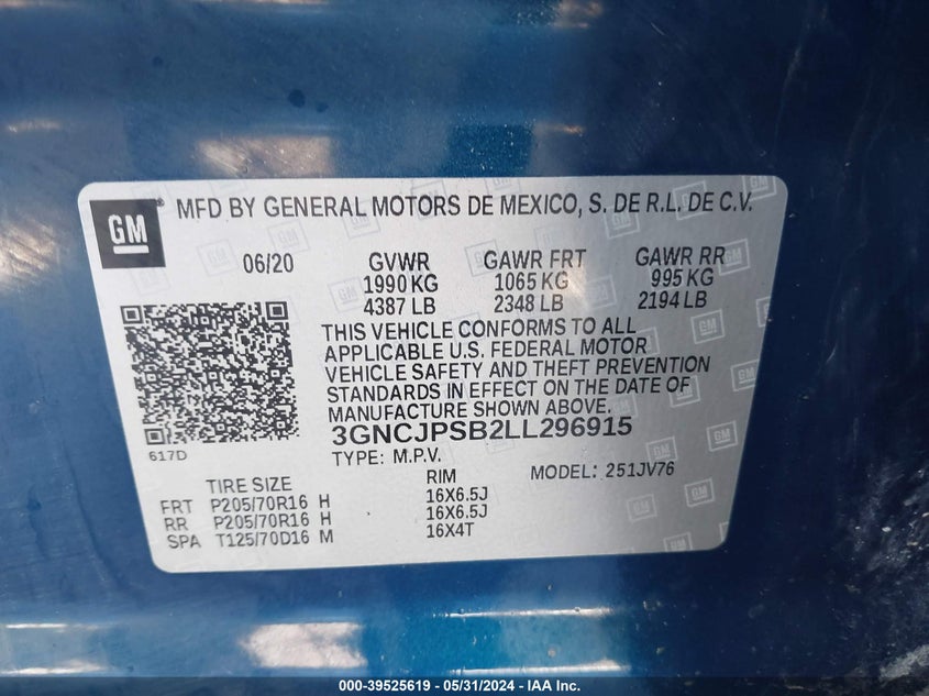 2020 CHEVROLET TRAX AWD LT - 3GNCJPSB2LL296915