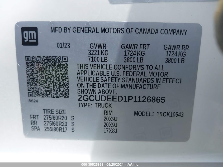 2023 CHEVROLET SILVERADO 1500 5.3L V-8 DI, VVT, 35(VIN: 2GCUDEED1P1126865
