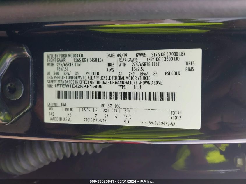 2019 Ford F-150 Lariat VIN: 1FTEW1E42KKF15899 Lot: 39525641