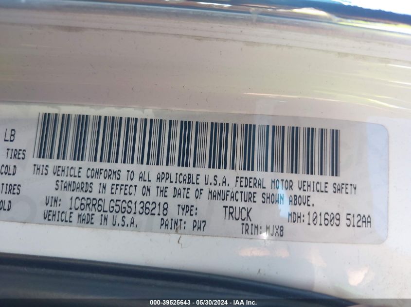 2016 Ram 1500 Big Horn VIN: 1C6RR6LG5GS136218 Lot: 39525643