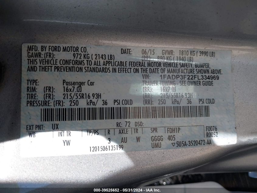 2015 Ford Focus Se VIN: 1FADP3F22FL334969 Lot: 39525652