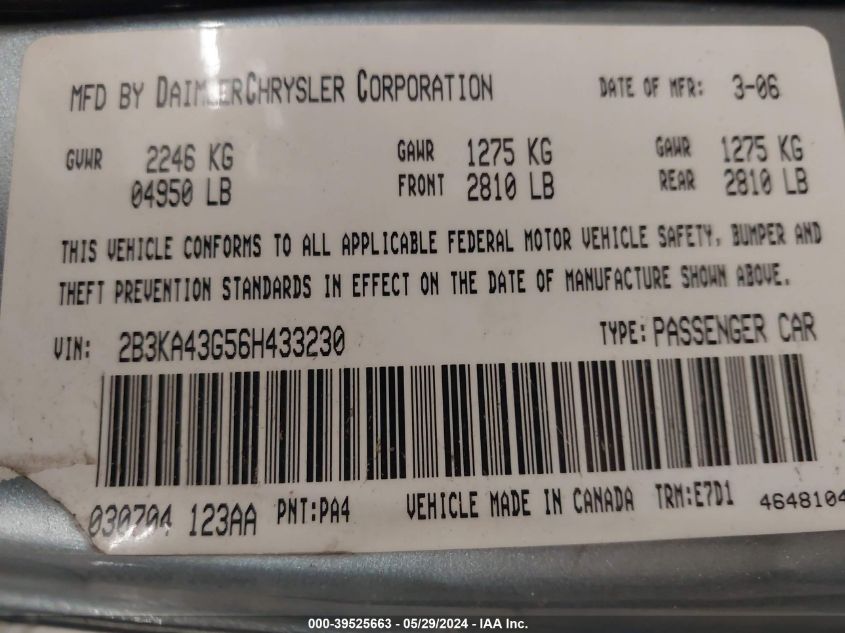 2006 Dodge Charger VIN: 2B3KA43G56H433230 Lot: 39525663