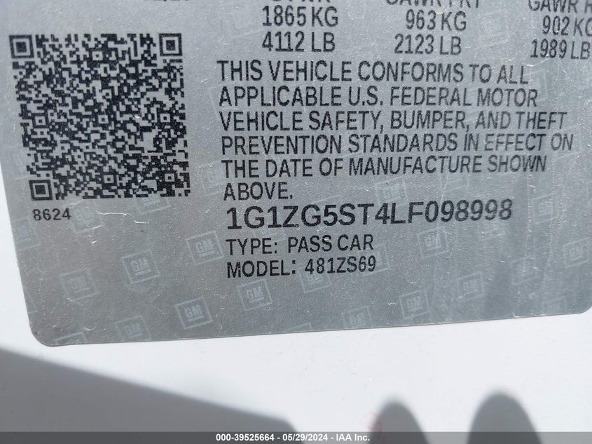 2020 Chevrolet Malibu Fwd Rs VIN: 1G1ZG5ST4LF098998 Lot: 39525664