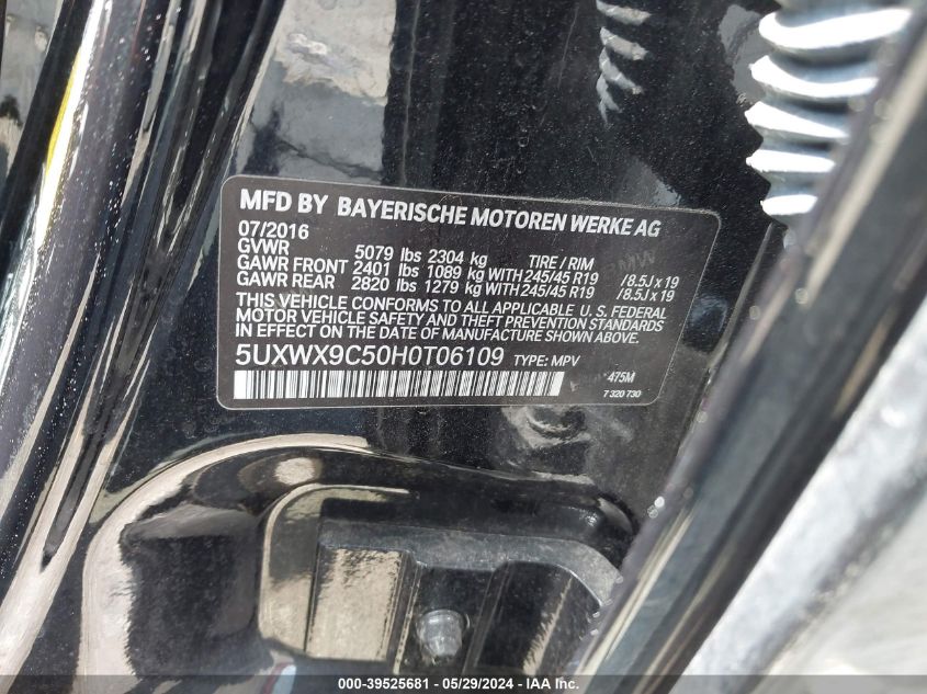 2017 BMW X3 xDrive28I VIN: 5UXWX9C50H0T06109 Lot: 39525681