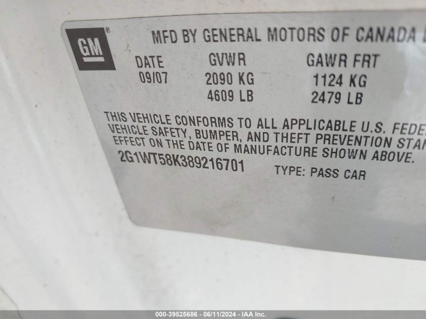 2008 Chevrolet Impala Lt VIN: 2G1WT58K389216701 Lot: 39525686