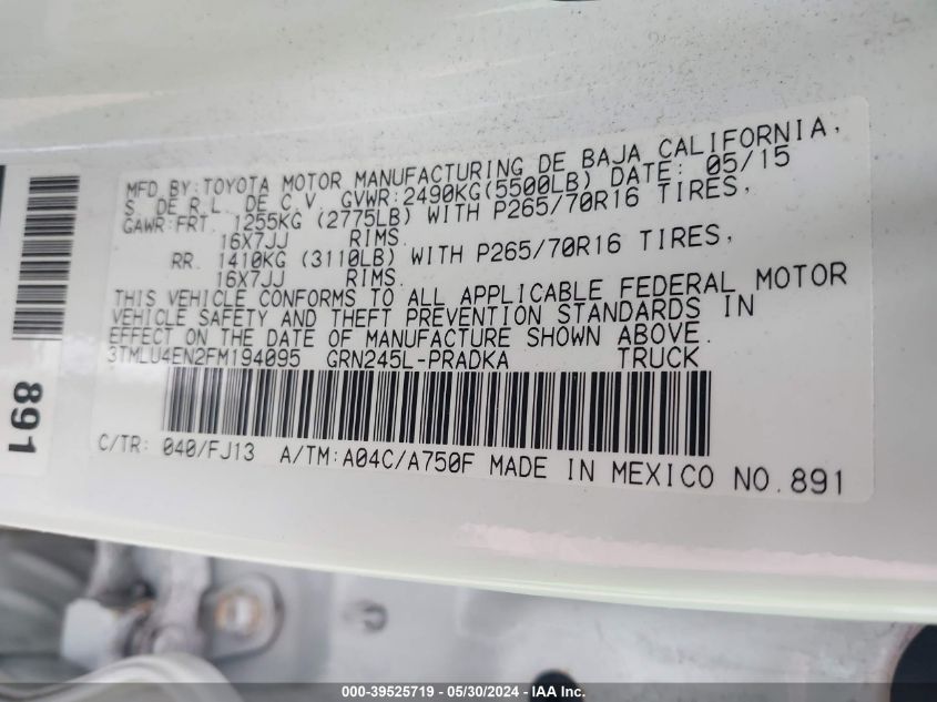 2015 Toyota Tacoma Base V6 VIN: 3TMLU4EN2FM194095 Lot: 39525719