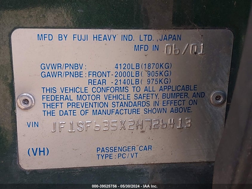 2002 Subaru Forester L VIN: JF1SF635X2H726413 Lot: 39525756