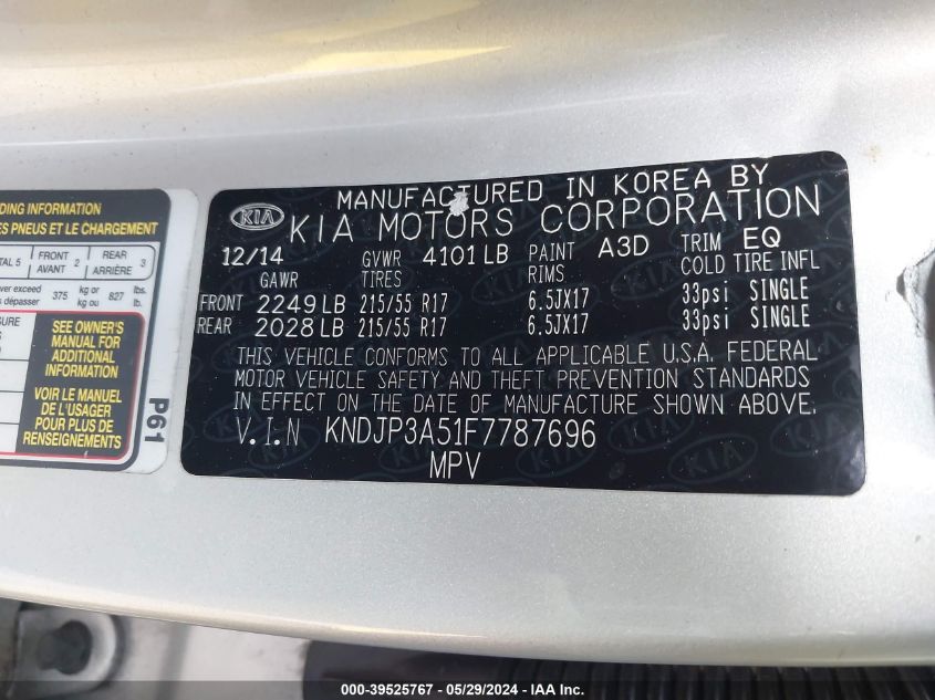 2015 Kia Soul + VIN: KNDJP3A51F7787696 Lot: 39525767