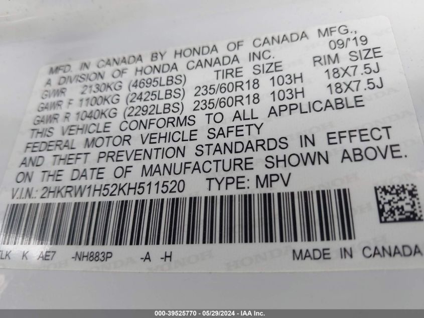 2019 Honda Cr-V Ex VIN: 2HKRW1H52KH511520 Lot: 39525770