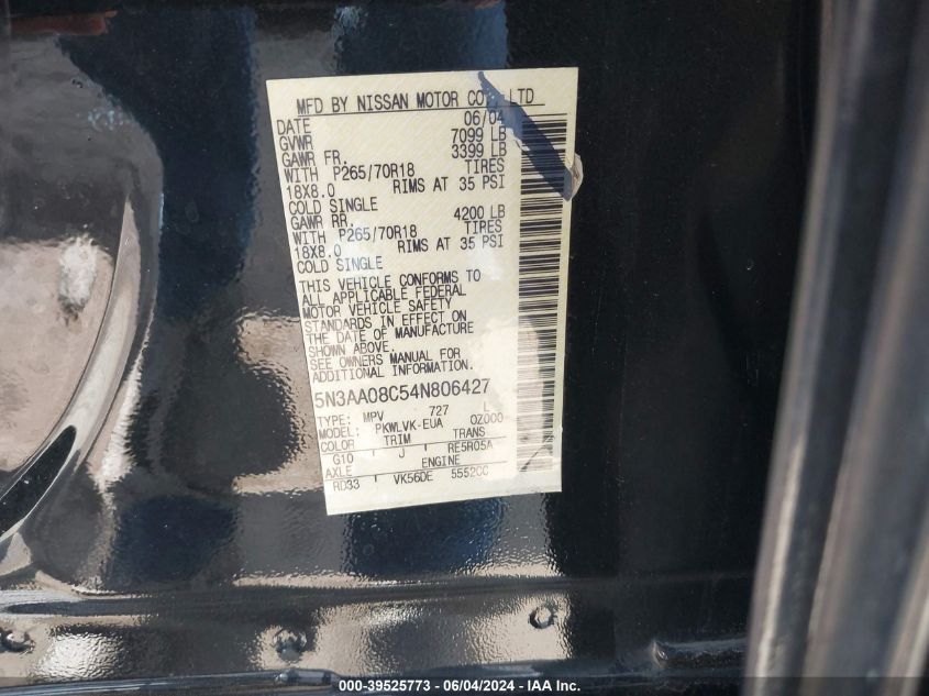 2004 Infiniti Qx56 VIN: 5N3AA08C54N806427 Lot: 39525773