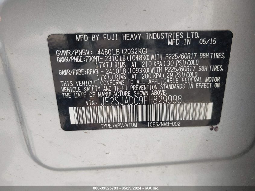 2015 Subaru Forester 2.5I Premium VIN: JF2SJADC9FH829998 Lot: 39525793