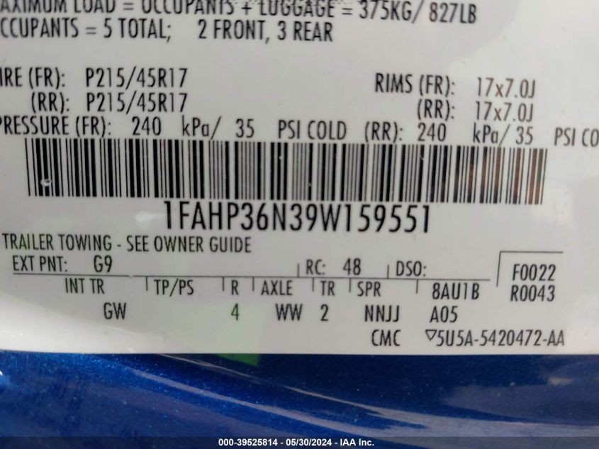 2009 Ford Focus Ses VIN: 1FAHP36N39W159551 Lot: 39525814