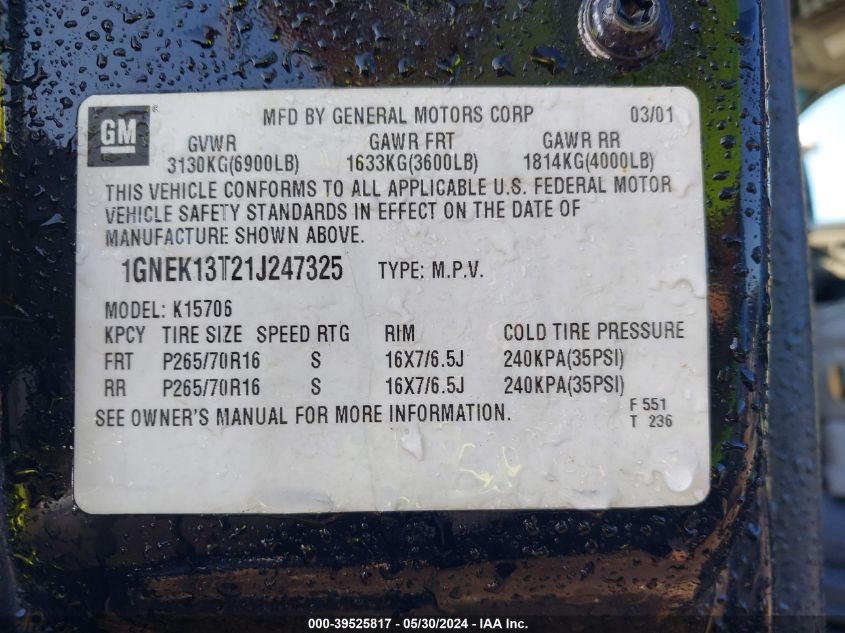 2001 Chevrolet Tahoe Lt VIN: 1GNEK13T21J247325 Lot: 39525817