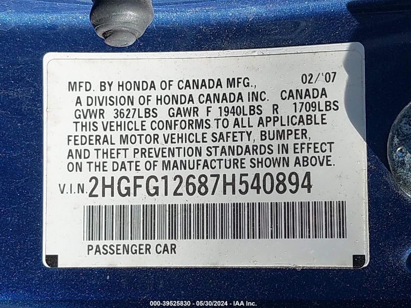 2007 Honda Civic Lx VIN: 2HGFG12687H540894 Lot: 39525830