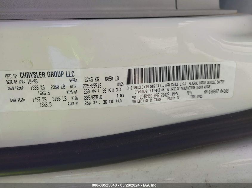 2010 Dodge Grand Caravan Sxt VIN: 2D4RN5D10AR121422 Lot: 39525840