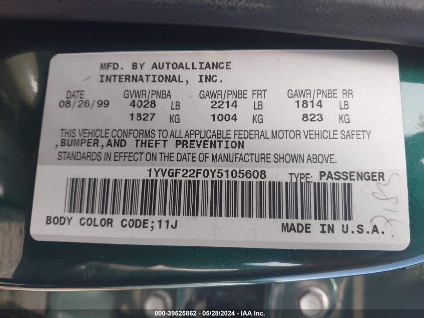 2000 Mazda 626 Es V6/Lx V6 VIN: 1YVGF22F0Y5105608 Lot: 39525862