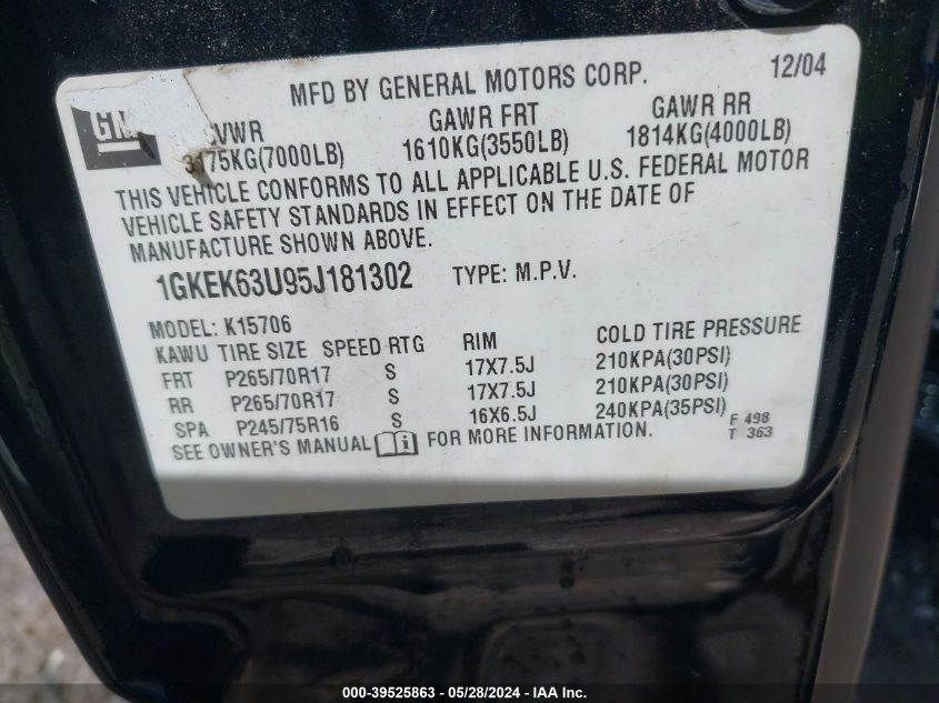 2005 GMC Yukon Denali VIN: 1GKEK63U95J181302 Lot: 39525863