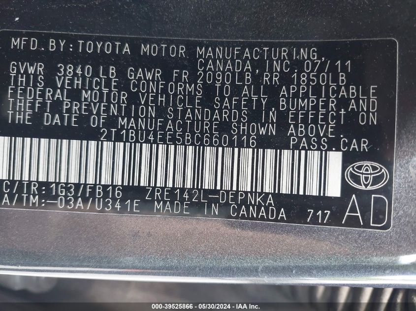 2011 Toyota Corolla Le VIN: 2T1BU4EE5BC660116 Lot: 39525866