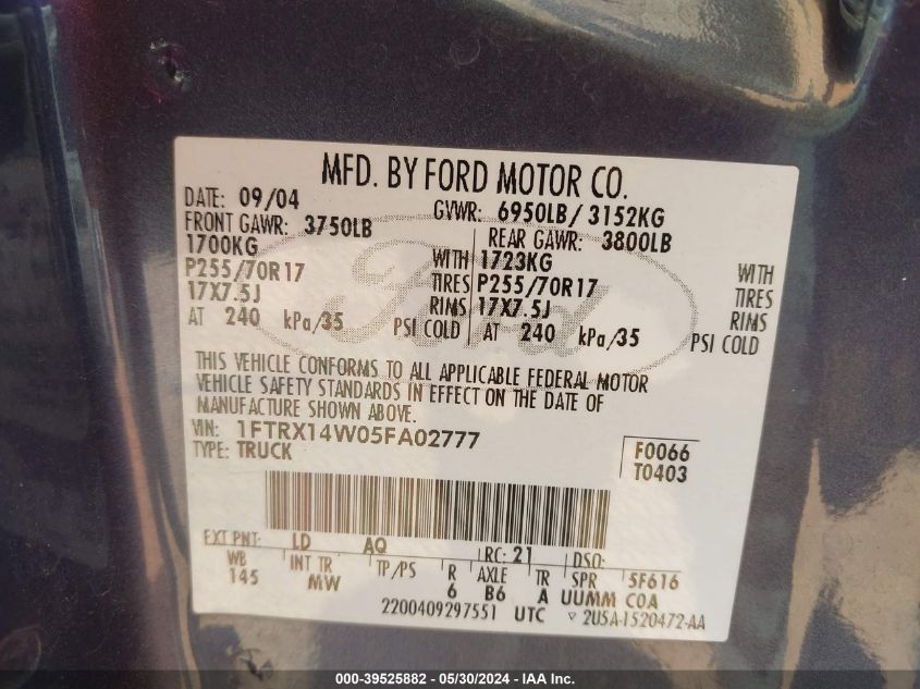2005 Ford F-150 Stx/Xl/Xlt VIN: 1FTRX14W05FA02777 Lot: 39525882