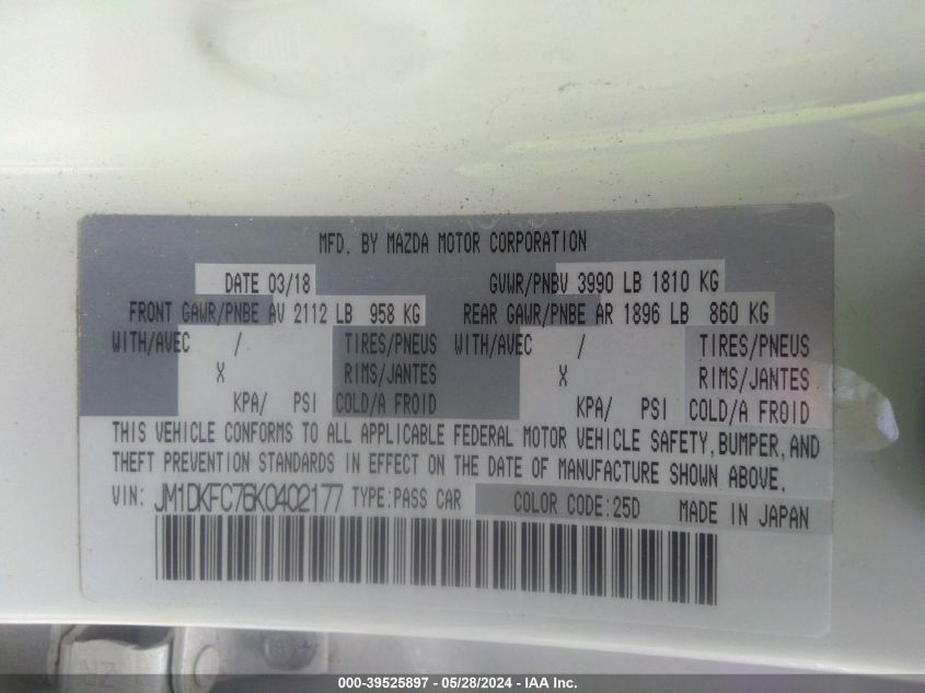2019 Mazda Cx-3 Touring VIN: JM1DKFC76K0402177 Lot: 39525897