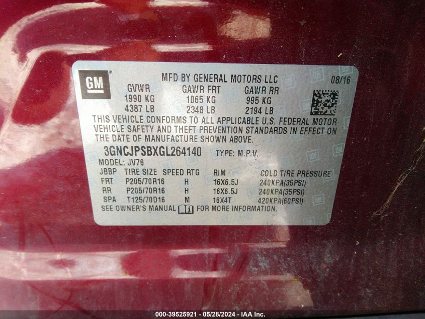 2016 Chevrolet Trax Lt VIN: 3GNCJPSBXGL264140 Lot: 39525921