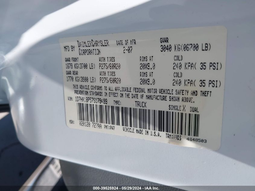 2007 Dodge Ram 1500 Slt VIN: 1D7HA18P57S179499 Lot: 39525924