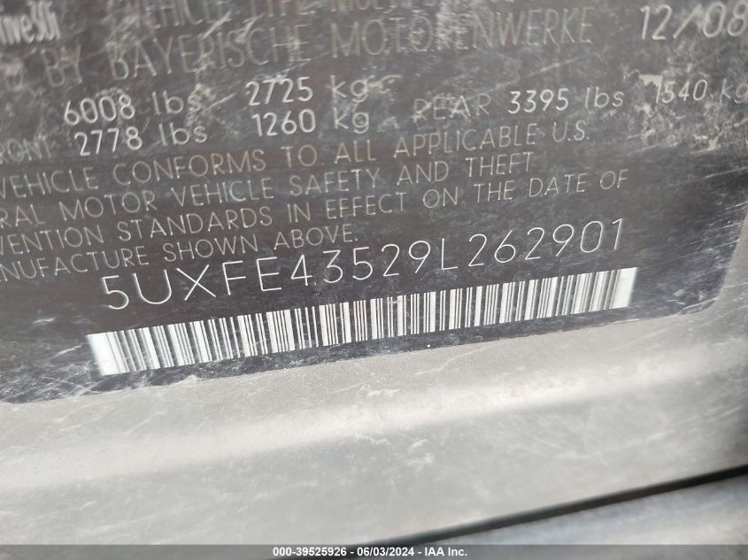 2009 BMW X5 xDrive30I VIN: 5UXFE43529L262901 Lot: 39525926