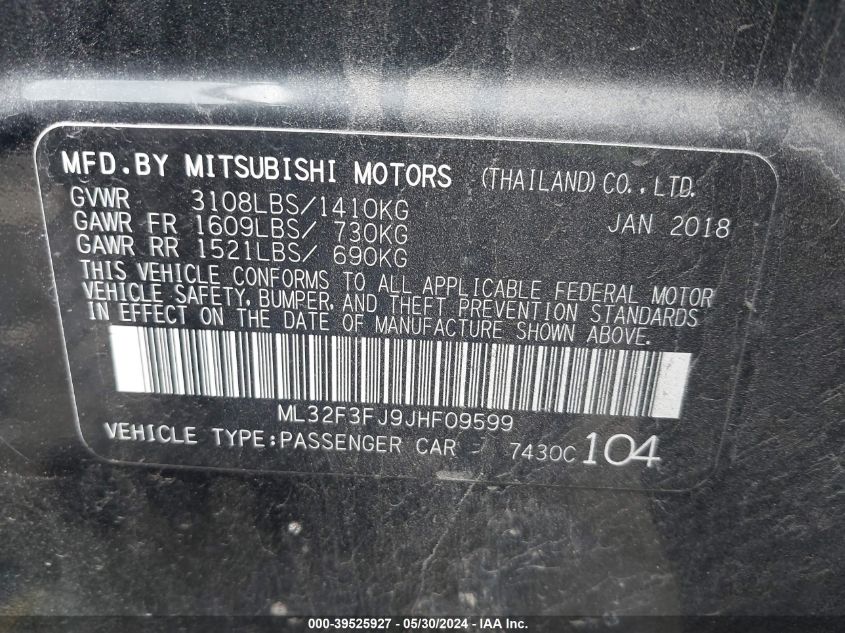 2018 Mitsubishi Mirage G4 Es VIN: ML32F3FJ9JHF09599 Lot: 39525927