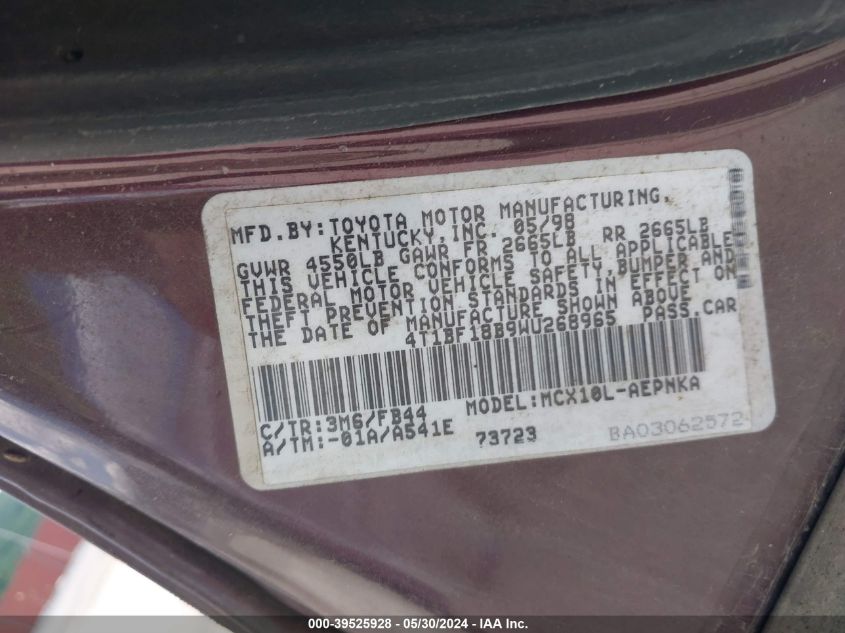 1998 Toyota Avalon Xl VIN: 4T1BF18B9WU268965 Lot: 39525928