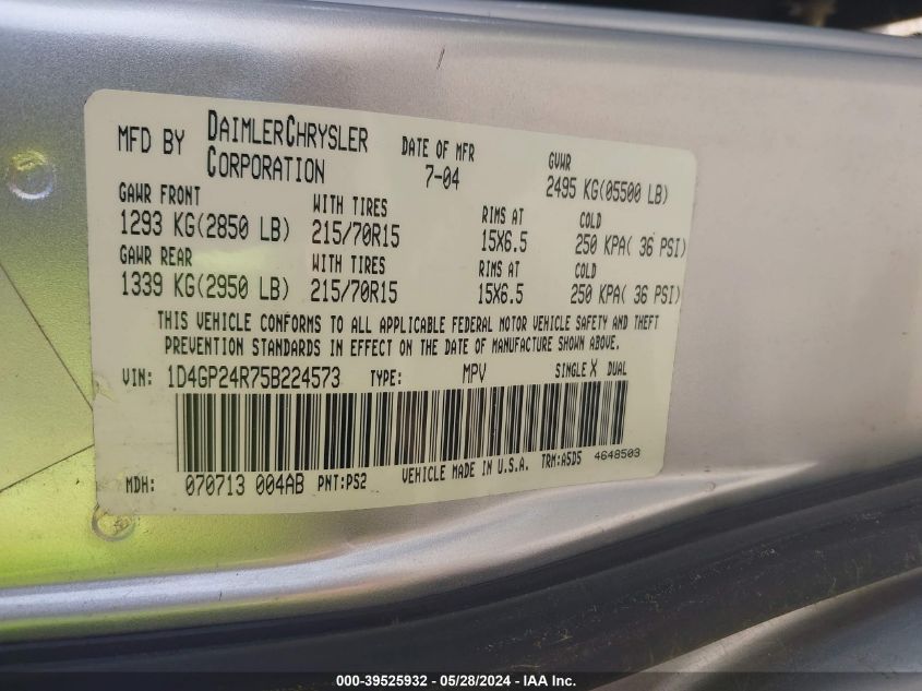 2005 Dodge Grand Caravan Se VIN: 1D4GP24R75B224573 Lot: 39525932