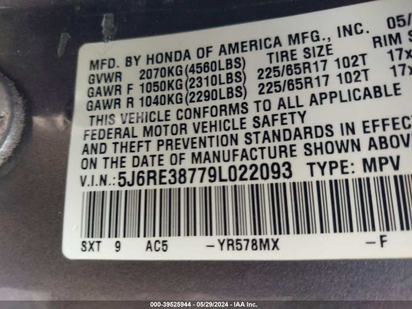 2009 Honda Cr-V Ex-L VIN: 5J6RE38779L022093 Lot: 39525944