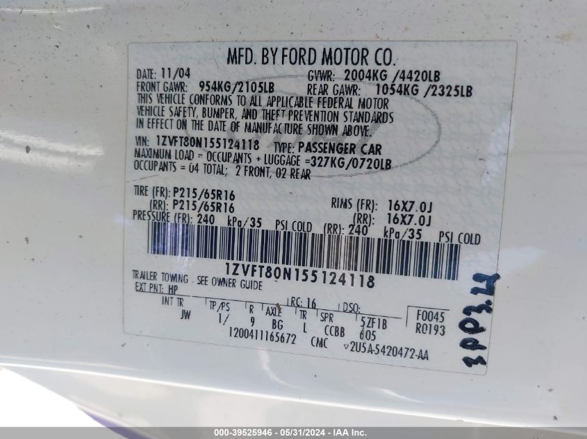 2005 Ford Mustang V6 Deluxe/V6 Premium VIN: 1ZVFT80N155124118 Lot: 39525946