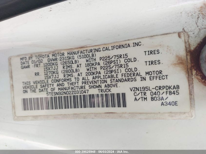 2002 Toyota Tacoma Prerunner V6 VIN: 5TESN92N02Z031047 Lot: 39525948