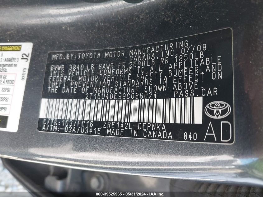 2009 Toyota Corolla Xle VIN: 2T1BU40E99C086024 Lot: 39525965