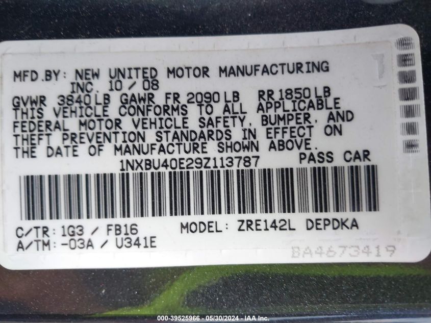 2009 Toyota Corolla Le VIN: 1NXBU40E29Z113787 Lot: 39525966