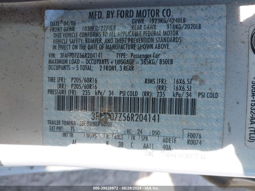 2006 Ford Fusion Se VIN: 3FAFP07Z56R204141 Lot: 39525972
