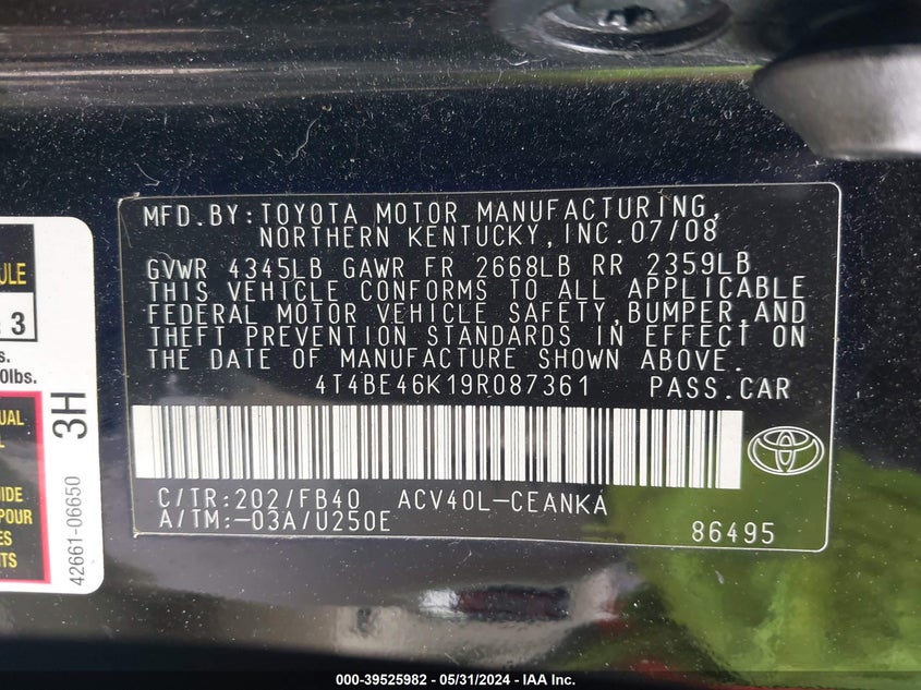 2009 Toyota Camry Le VIN: 4T4BE46K19R087361 Lot: 39525982