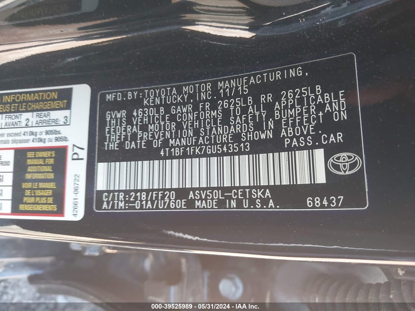 2016 Toyota Camry Se VIN: 4T1BF1FK7GU543513 Lot: 39525989