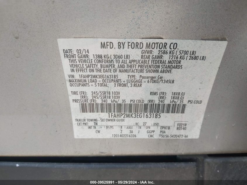 2014 Ford Police Interceptor VIN: 1FAHP2MK3EG163185 Lot: 39525991