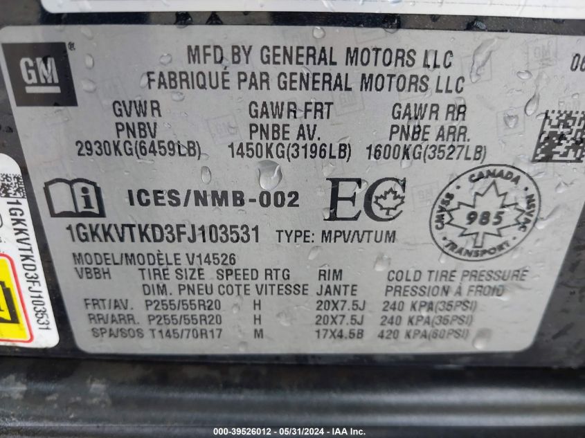 2015 GMC Acadia Denali VIN: 1GKKVTKD3FJ103531 Lot: 39526012