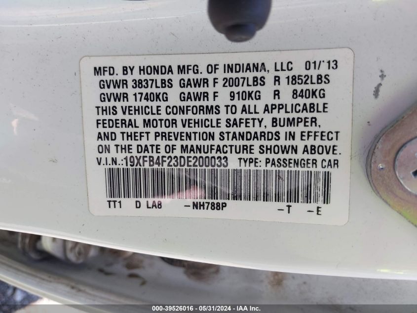 2013 Honda Civic Hybrid VIN: 19XFB4F23DE200033 Lot: 39526016