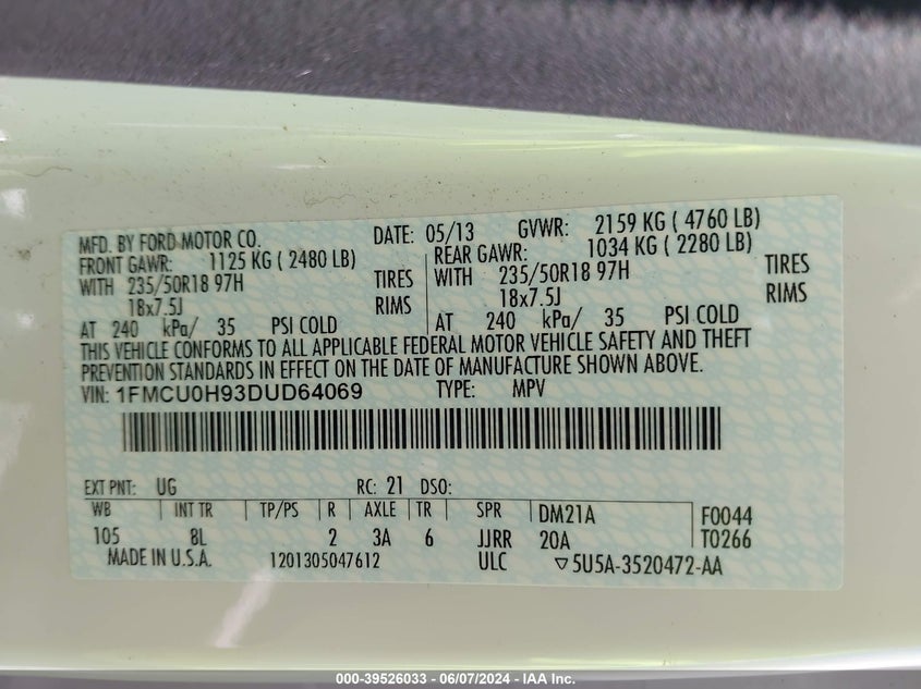 2013 Ford Escape Sel VIN: 1FMCU0H93DUD6406 Lot: 39526033