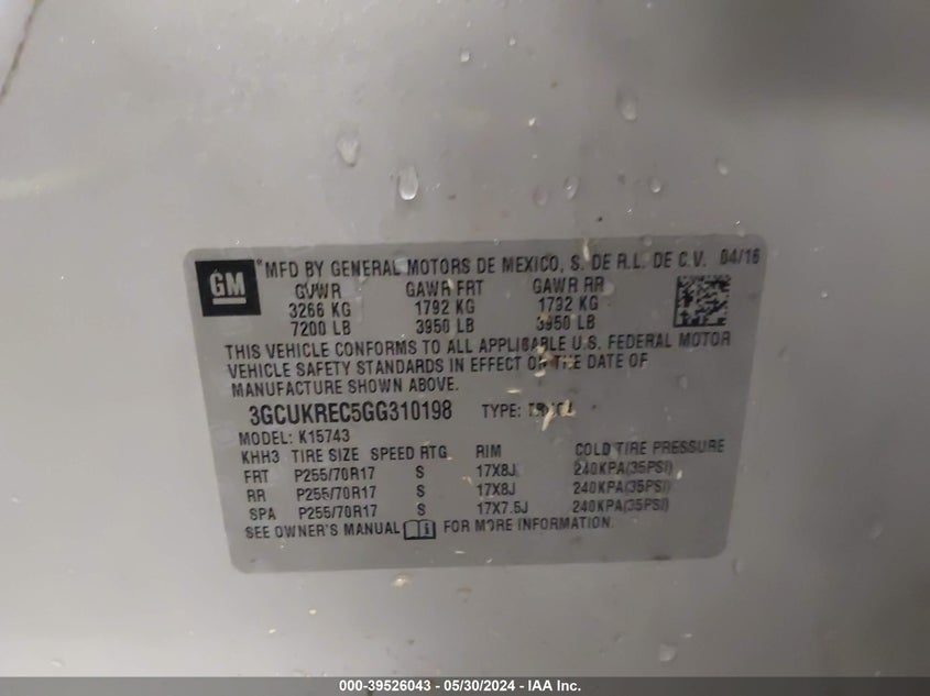 2016 Chevrolet Silverado 1500 1Lt VIN: 3GCUKREC5GG310198 Lot: 39526043