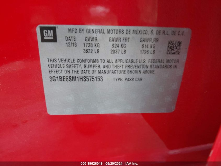 2017 Chevrolet Cruze Lt Auto VIN: 3G1BE6SM1HS575153 Lot: 39526049
